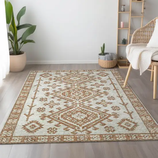 Burnt Sienna And Beige Geometric Washable Area Rug With UV Protection Photo 4