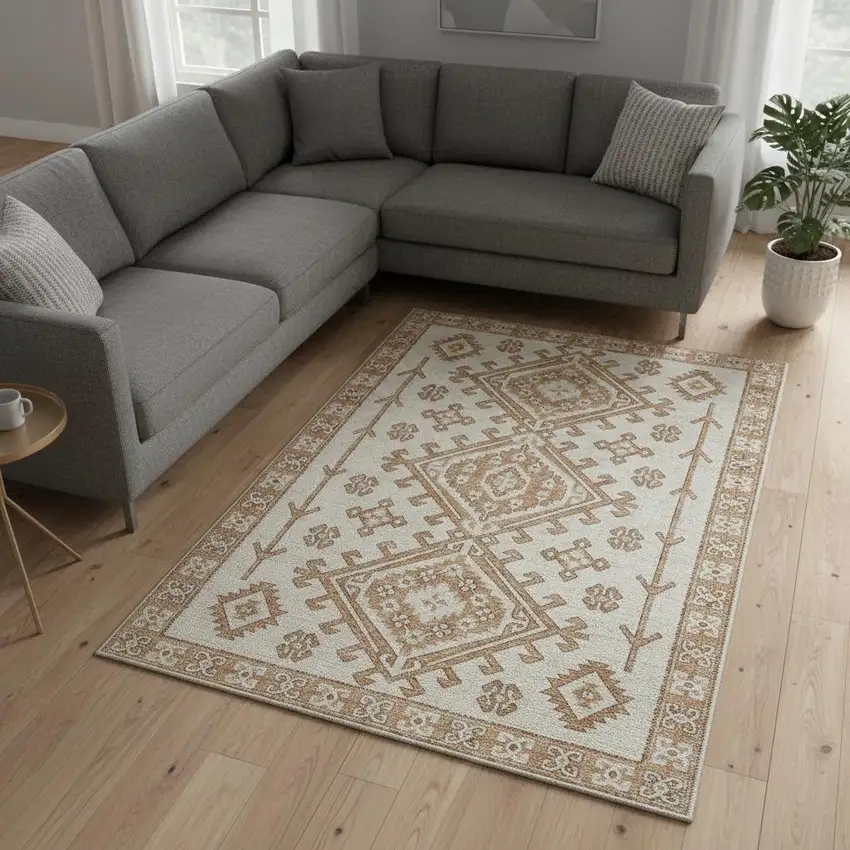 Burnt Sienna And Beige Geometric Washable Area Rug With UV Protection Photo 1