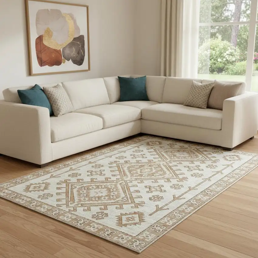 Burnt Sienna And Beige Geometric Washable Area Rug With UV Protection Photo 1