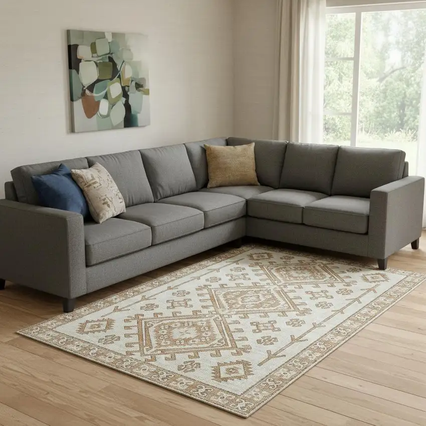 Burnt Sienna And Beige Geometric Washable Area Rug With UV Protection Photo 1