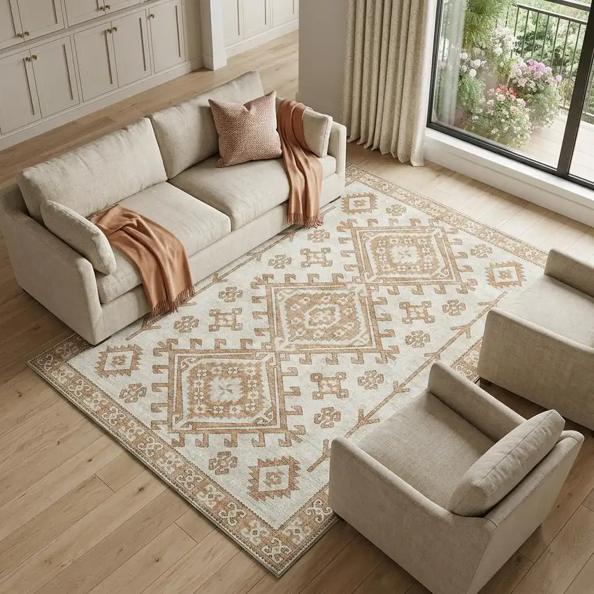 Burnt Sienna And Beige Diamond Distressed Washable Area Rug With UV Protection Photo 1