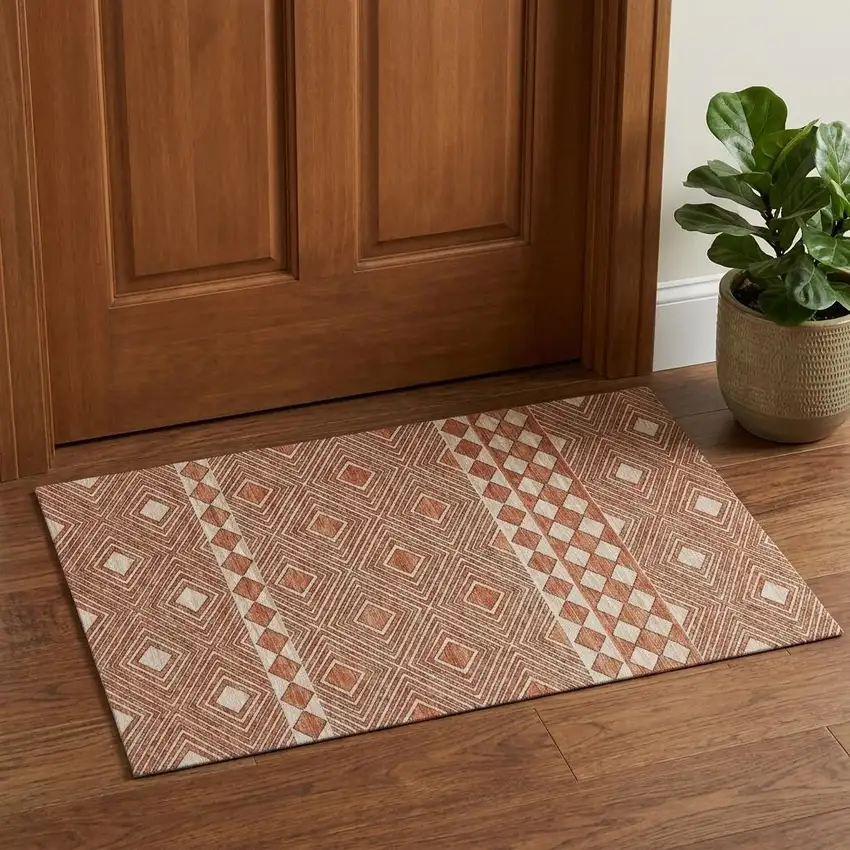Burnt Sienna And Ivory Tribal Washable Area Rug With UV Protection Photo 1