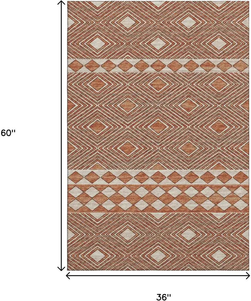 Burnt Sienna And Ivory Geometric Washable Area Rug With UV Protection Photo 3