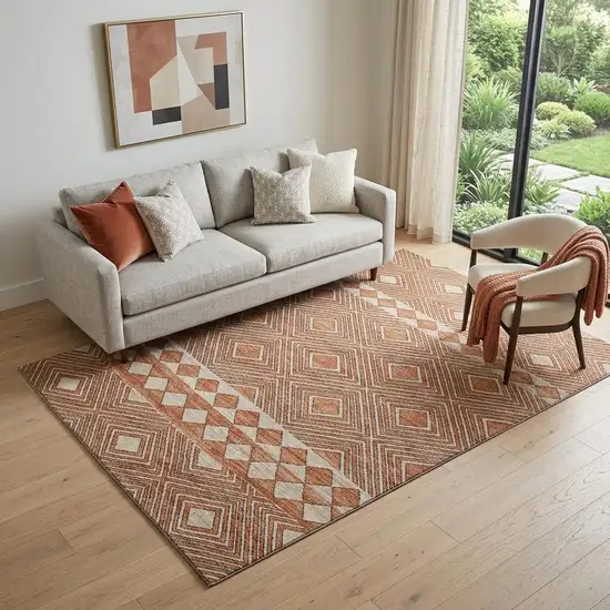 Burnt Sienna And Ivory Geometric Washable Area Rug With UV Protection Photo 1