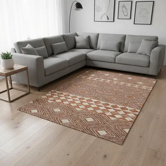 Burnt Sienna And Ivory Geometric Washable Area Rug With UV Protection Photo 1