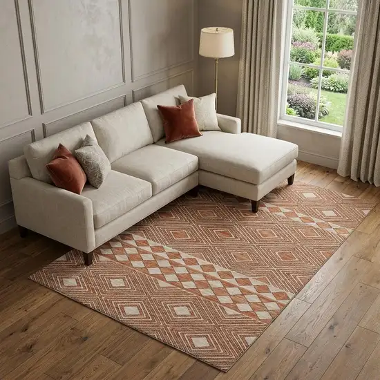 Burnt Sienna And Ivory Geometric Washable Area Rug With UV Protection Photo 1