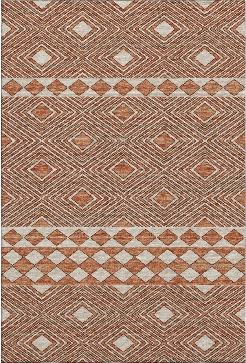 Burnt Sienna And Ivory Geometric Washable Area Rug With UV Protection Photo 2