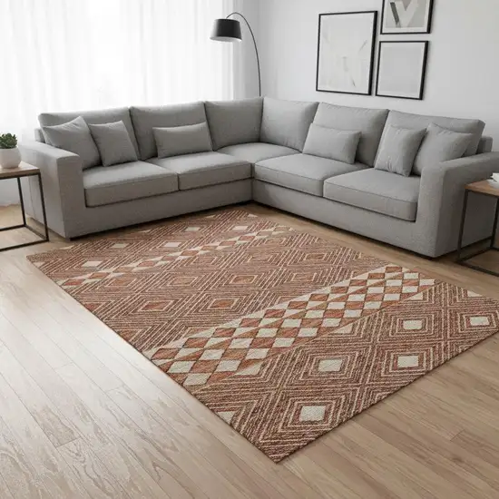 Burnt Sienna And Ivory Geometric Washable Area Rug With UV Protection Photo 1
