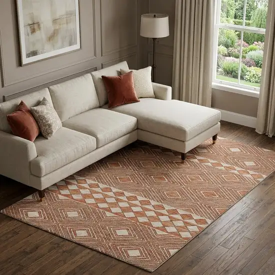 Burnt Sienna And Ivory Geometric Washable Area Rug With UV Protection Photo 1