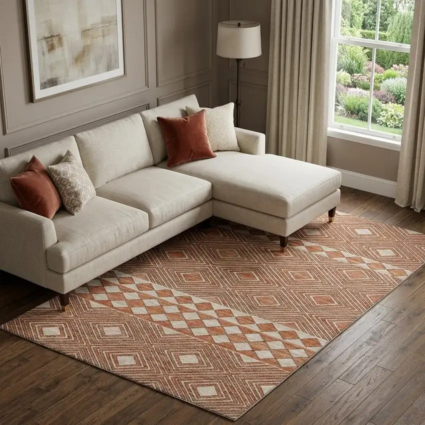 Burnt Sienna And Ivory Geometric Washable Area Rug With UV Protection Photo 1