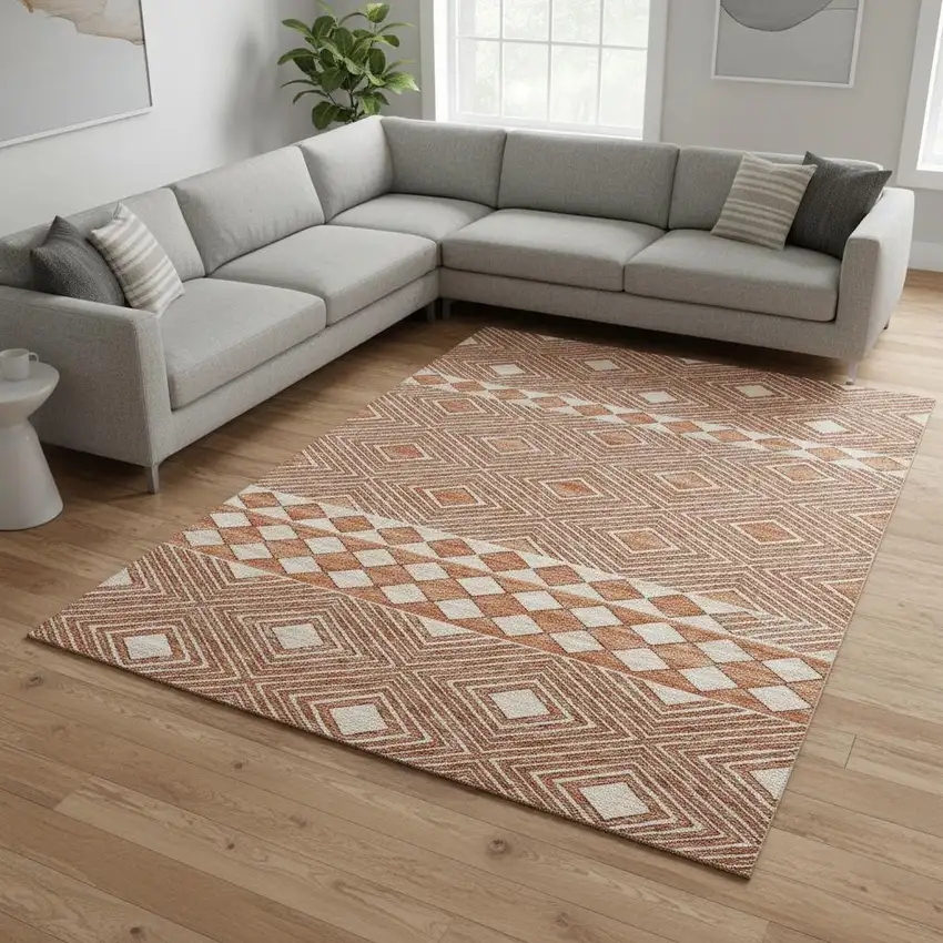 Burnt Sienna And Ivory Geometric Washable Area Rug With UV Protection Photo 1