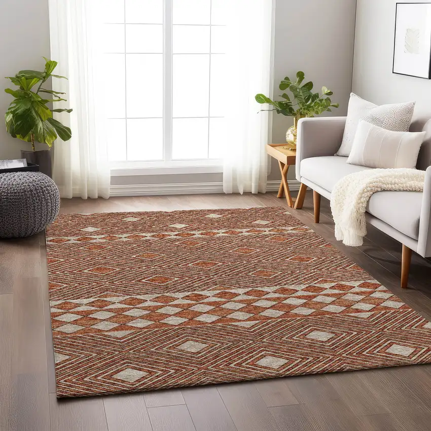 Burnt Sienna And Ivory Tribal Washable Area Rug With UV Protection Photo 4