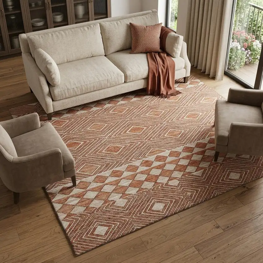 Burnt Sienna And Ivory Tribal Washable Area Rug With UV Protection Photo 1