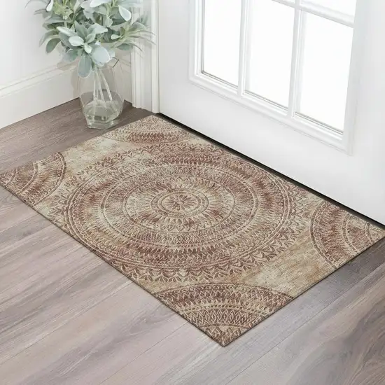 Burnt Sienna And Ivory Medallion Washable Area Rug With UV Protection Photo 1