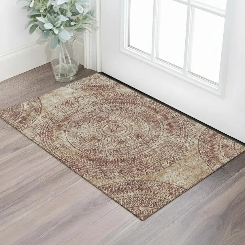 Burnt Sienna And Ivory Medallion Washable Area Rug With UV Protection Photo 1