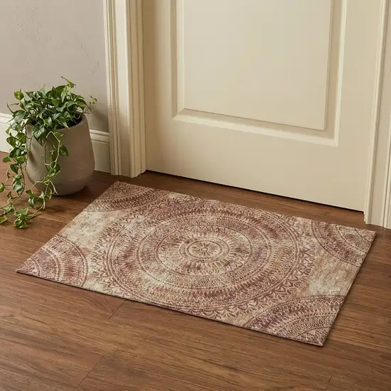 Burnt Sienna And Ivory Medallion Washable Area Rug With UV Protection Photo 1