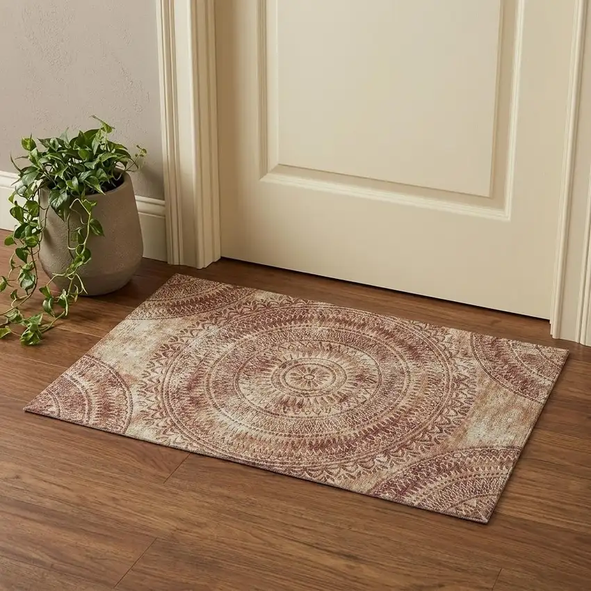 Burnt Sienna And Ivory Medallion Washable Area Rug With UV Protection Photo 1