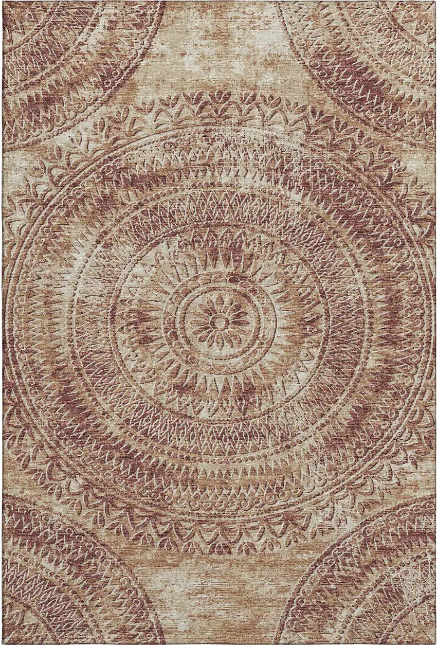 Burnt Sienna And Ivory Medallion Washable Area Rug With UV Protection Photo 2