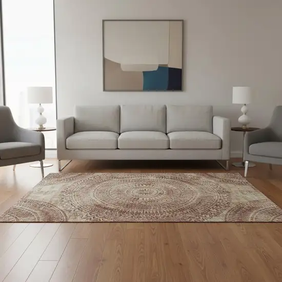 Burnt Sienna And Ivory Medallion Washable Area Rug With UV Protection Photo 1