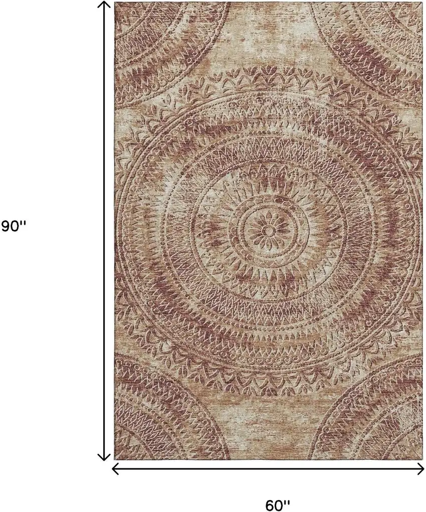 Burnt Sienna And Ivory Medallion Washable Area Rug With UV Protection Photo 3