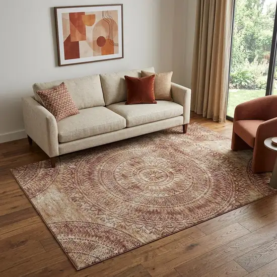 Burnt Sienna And Ivory Medallion Washable Area Rug With UV Protection Photo 1