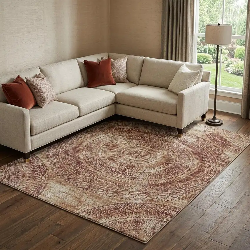 Burnt Sienna And Ivory Medallion Washable Area Rug With UV Protection Photo 1