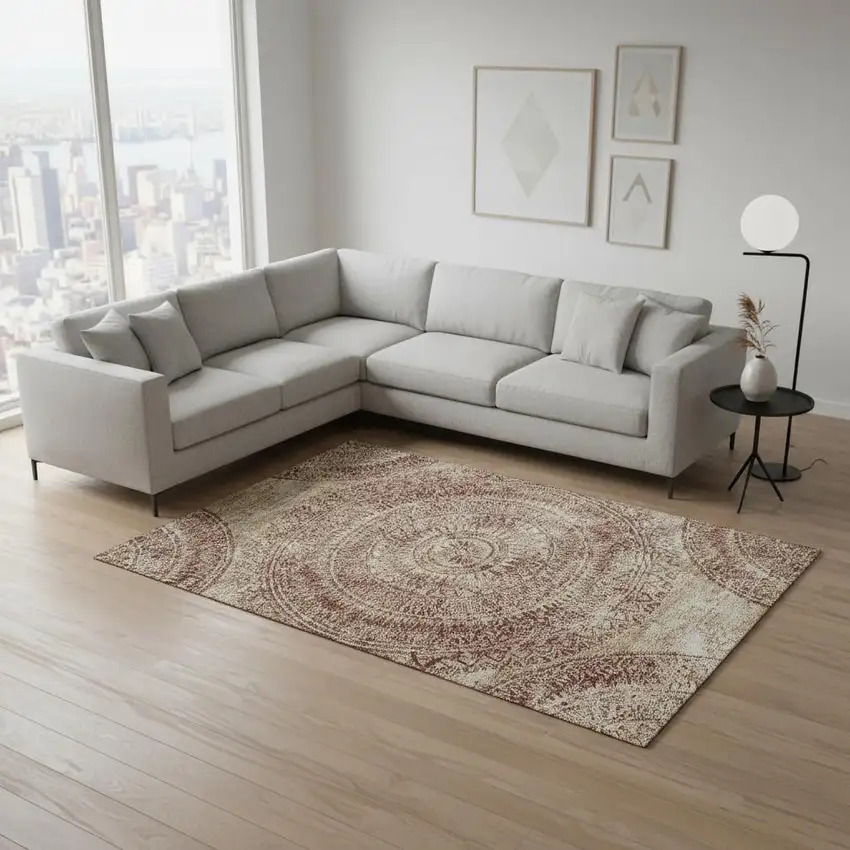 Burnt Sienna And Ivory Medallion Washable Area Rug With UV Protection Photo 1