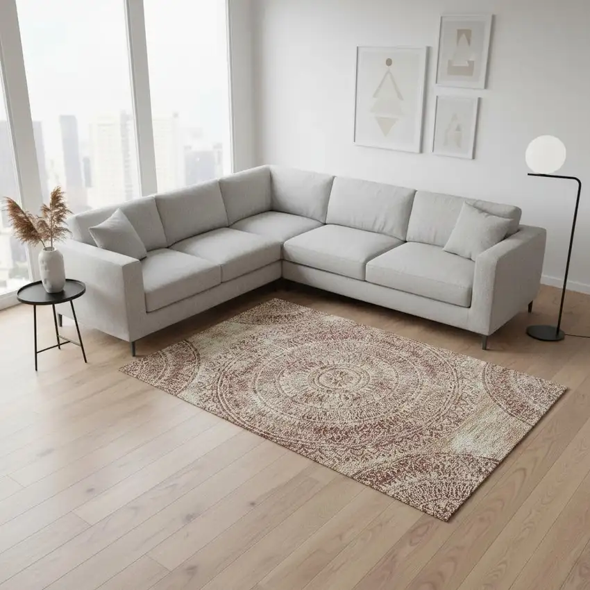 Burnt Sienna And Ivory Medallion Washable Area Rug With UV Protection Photo 1