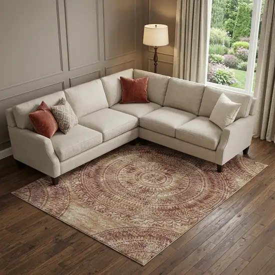 Burnt Sienna And Ivory Medallion Washable Area Rug With UV Protection Photo 1