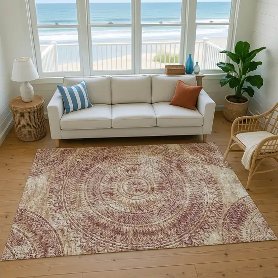 Burnt Sienna And Ivory Medallion Washable Area Rug With UV Protection Photo 5