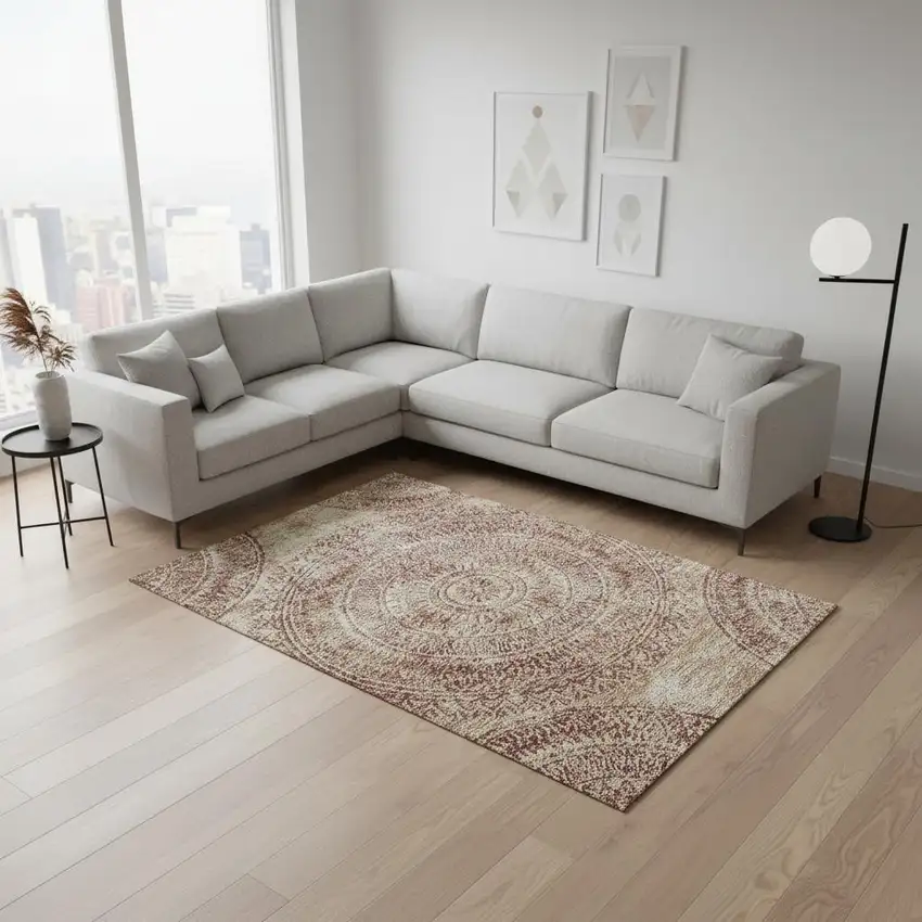 Burnt Sienna And Ivory Medallion Washable Area Rug With UV Protection Photo 1