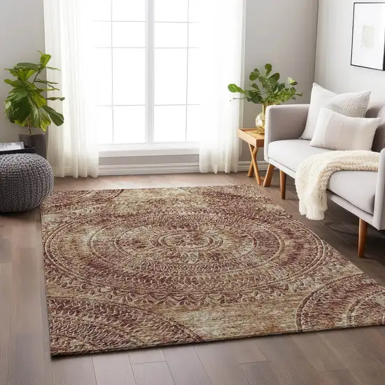 Burnt Sienna And Ivory Medallion Washable Area Rug With UV Protection Photo 4