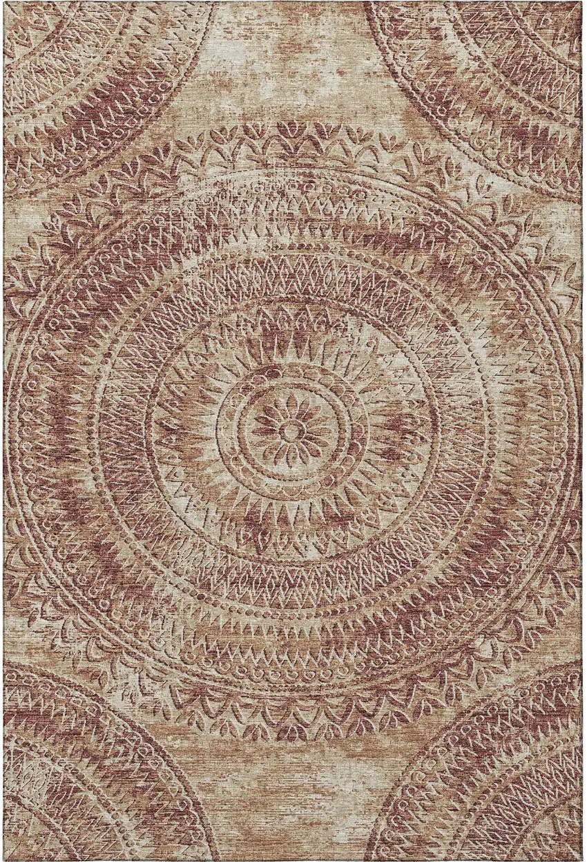 Burnt Sienna And Ivory Medallion Washable Area Rug With UV Protection Photo 6