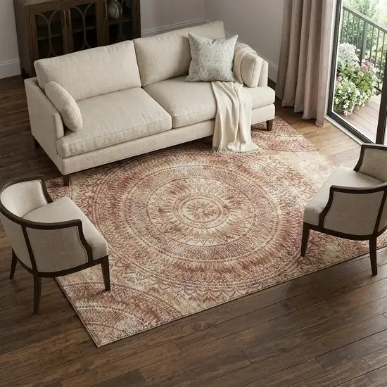 Burnt Sienna And Ivory Medallion Washable Area Rug With UV Protection Photo 1