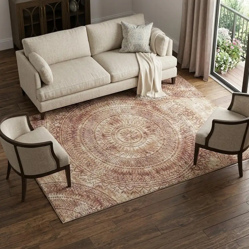 Burnt Sienna And Ivory Medallion Washable Area Rug With UV Protection Photo 1