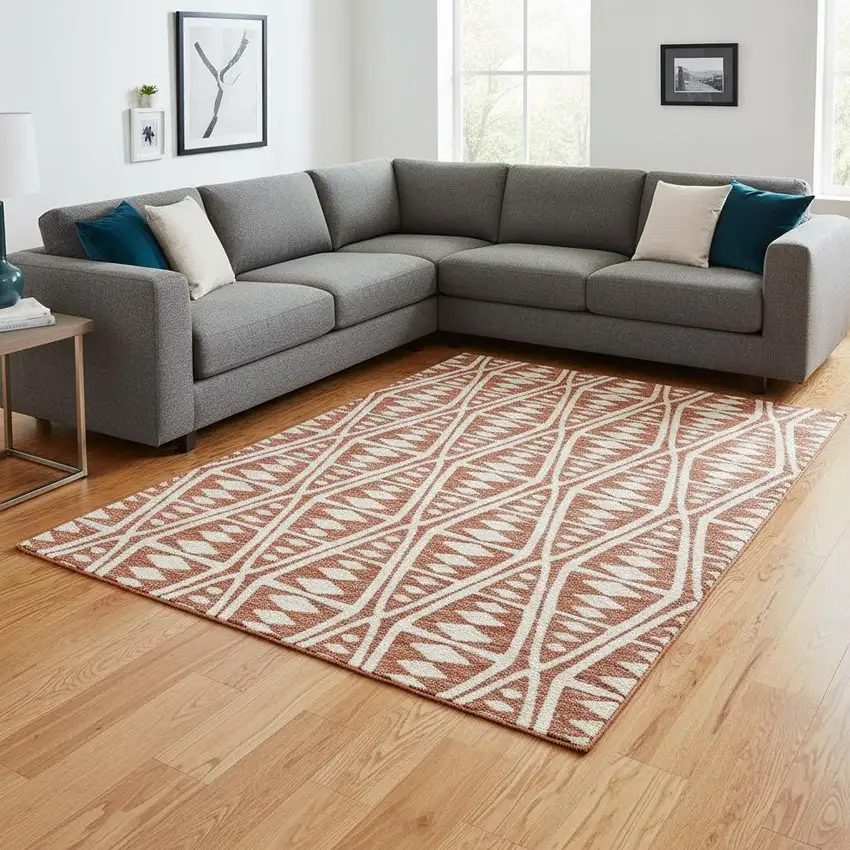 Burnt Sienna And Ivory Tribal Washable Area Rug With UV Protection Photo 1