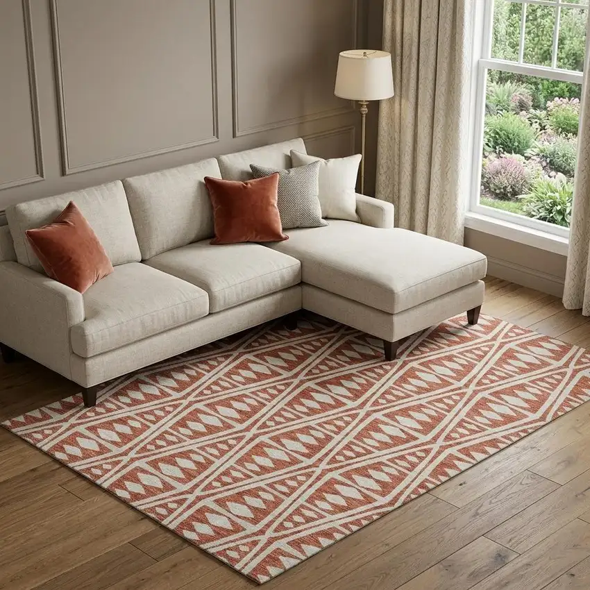 Burnt Sienna And Ivory Tribal Washable Area Rug With UV Protection Photo 1