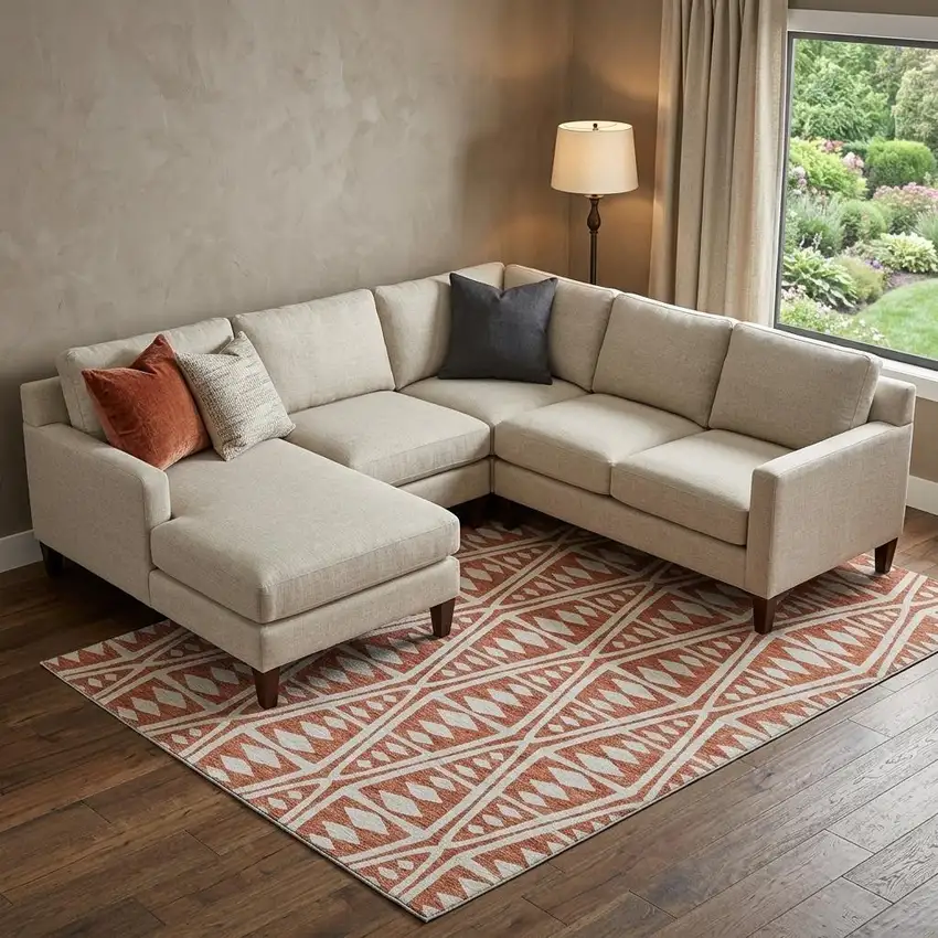 Burnt Sienna And Ivory Tribal Washable Area Rug With UV Protection Photo 1