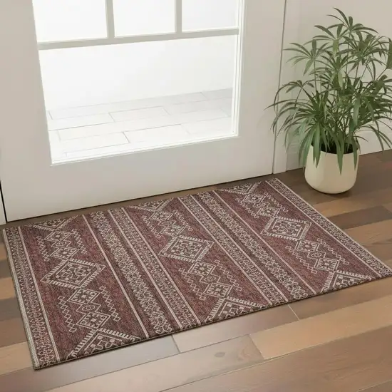 Burnt Sienna And Ivory Tribal Washable Area Rug With UV Protection Photo 1