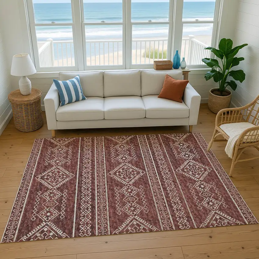 Burnt Sienna And Ivory Tribal Washable Area Rug With UV Protection Photo 5