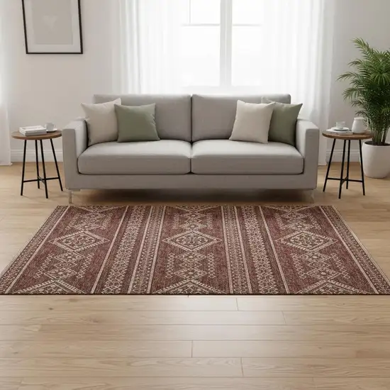 Burnt Sienna And Ivory Tribal Washable Area Rug With UV Protection Photo 1