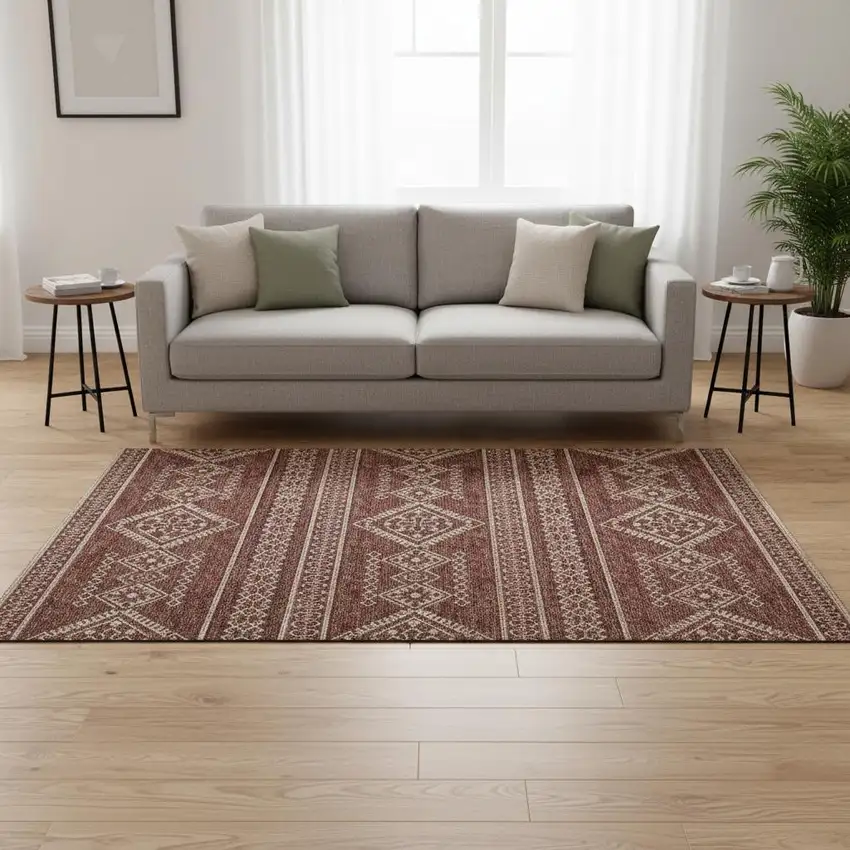 Burnt Sienna And Ivory Tribal Washable Area Rug With UV Protection Photo 1