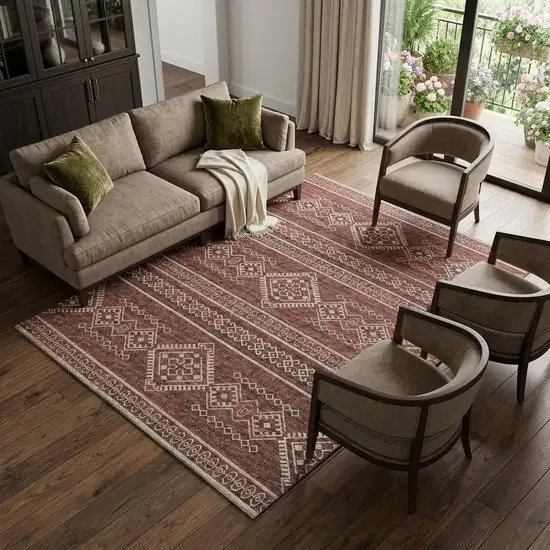 Burnt Sienna And Ivory Tribal Distressed Washable Area Rug With UV Protection Photo 1