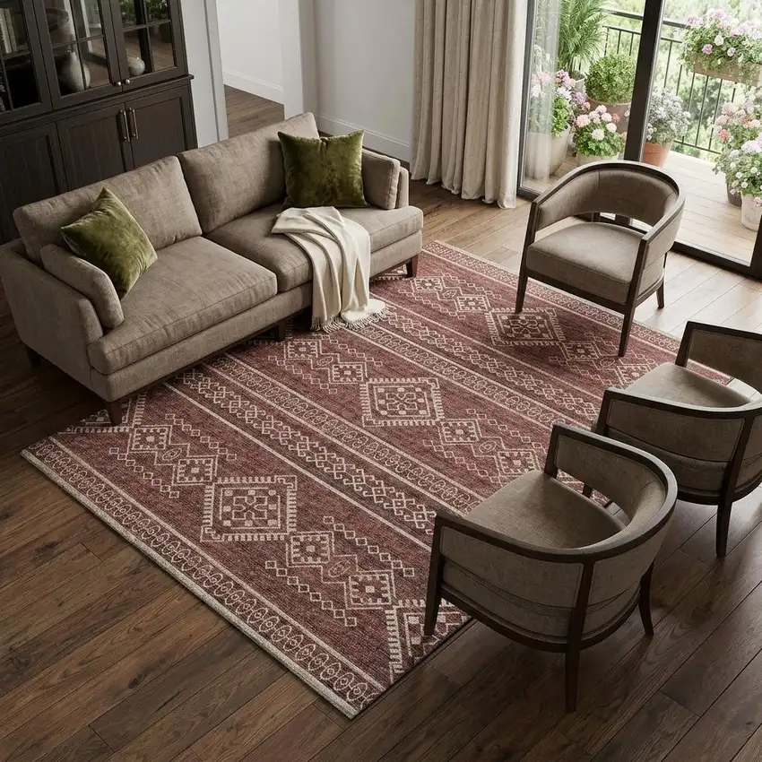 Burnt Sienna And Ivory Tribal Distressed Washable Area Rug With UV Protection Photo 1