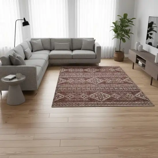 Burnt Sienna And Ivory Tribal Washable Area Rug With UV Protection Photo 1