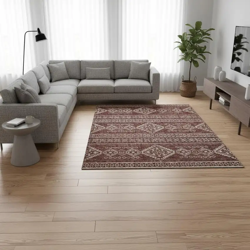 Burnt Sienna And Ivory Tribal Washable Area Rug With UV Protection Photo 1