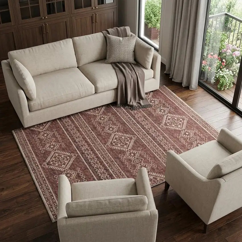 Burnt Sienna And Ivory Tribal Washable Area Rug With UV Protection Photo 1