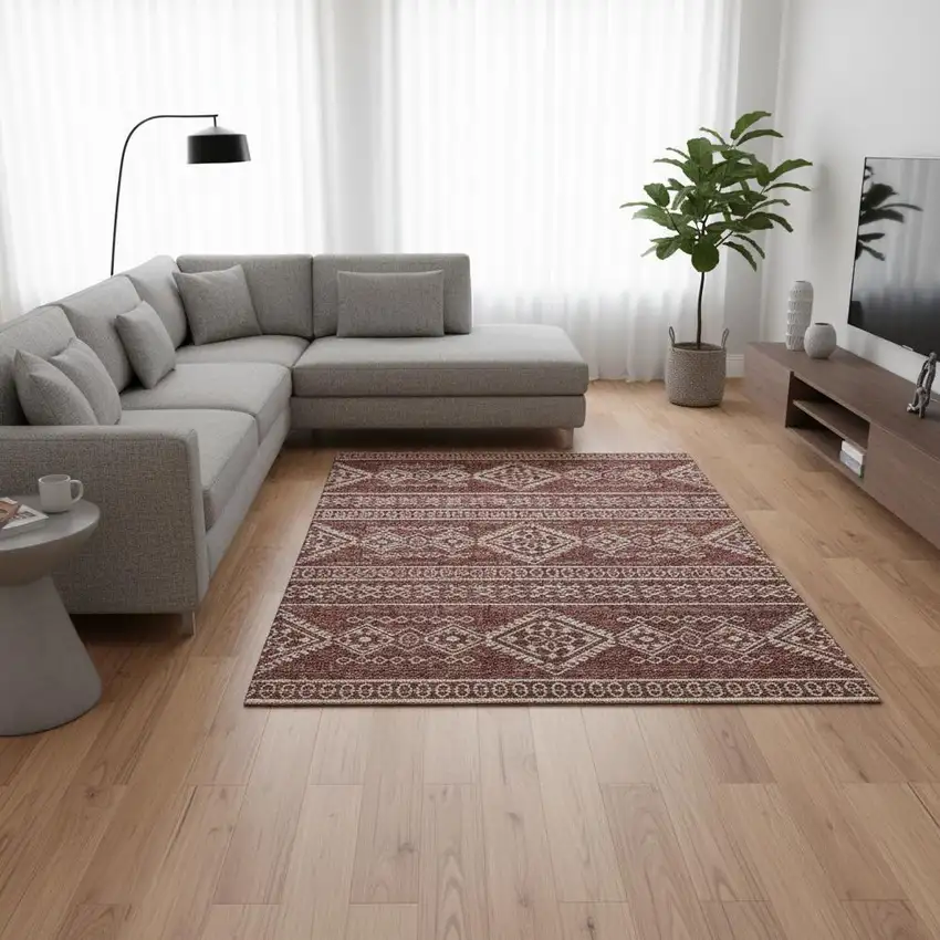 Burnt Sienna And Ivory Tribal Washable Area Rug With UV Protection Photo 1