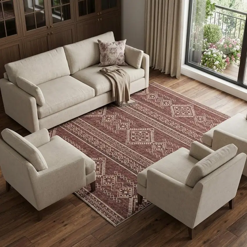 Burnt Sienna And Ivory Tribal Washable Area Rug With UV Protection Photo 1