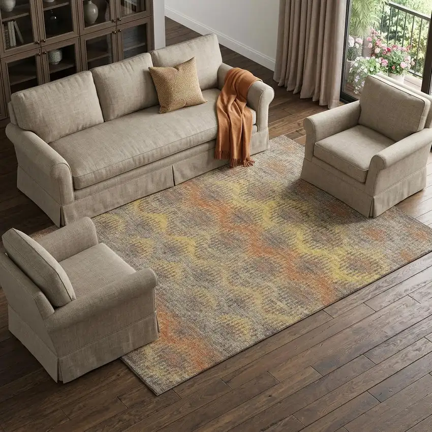 Burnt Sienna Gold And Gray Abstract Distressed Washable Area Rug With UV Protection Photo 1